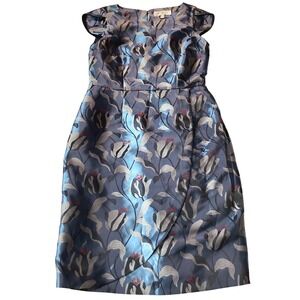 Un Jour Ailleurs Paris Blue Floral Sheath Dress Size 6 Satin Jacquard Elegant
